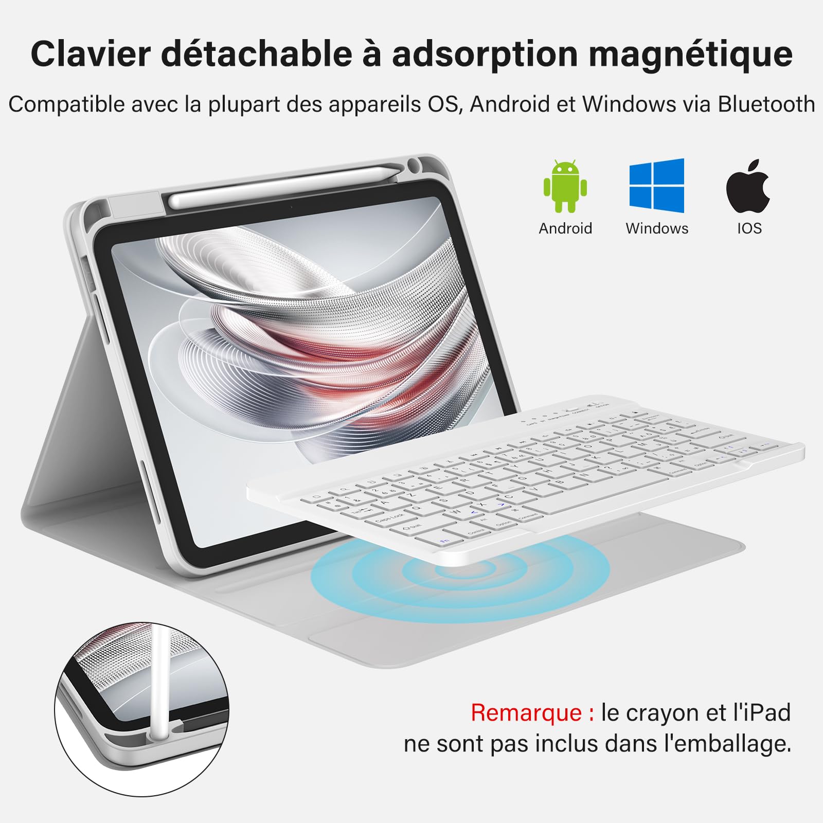 BQSS Coque Clavier pour iPad A16 11/10 Ème Génération(11 Pouces 2025/10.9 Pouces 2022), AZERTY Français, Housse Amovible avec Clavier Bluetooth sans Fil pour iPad 2022 10eme/11eme