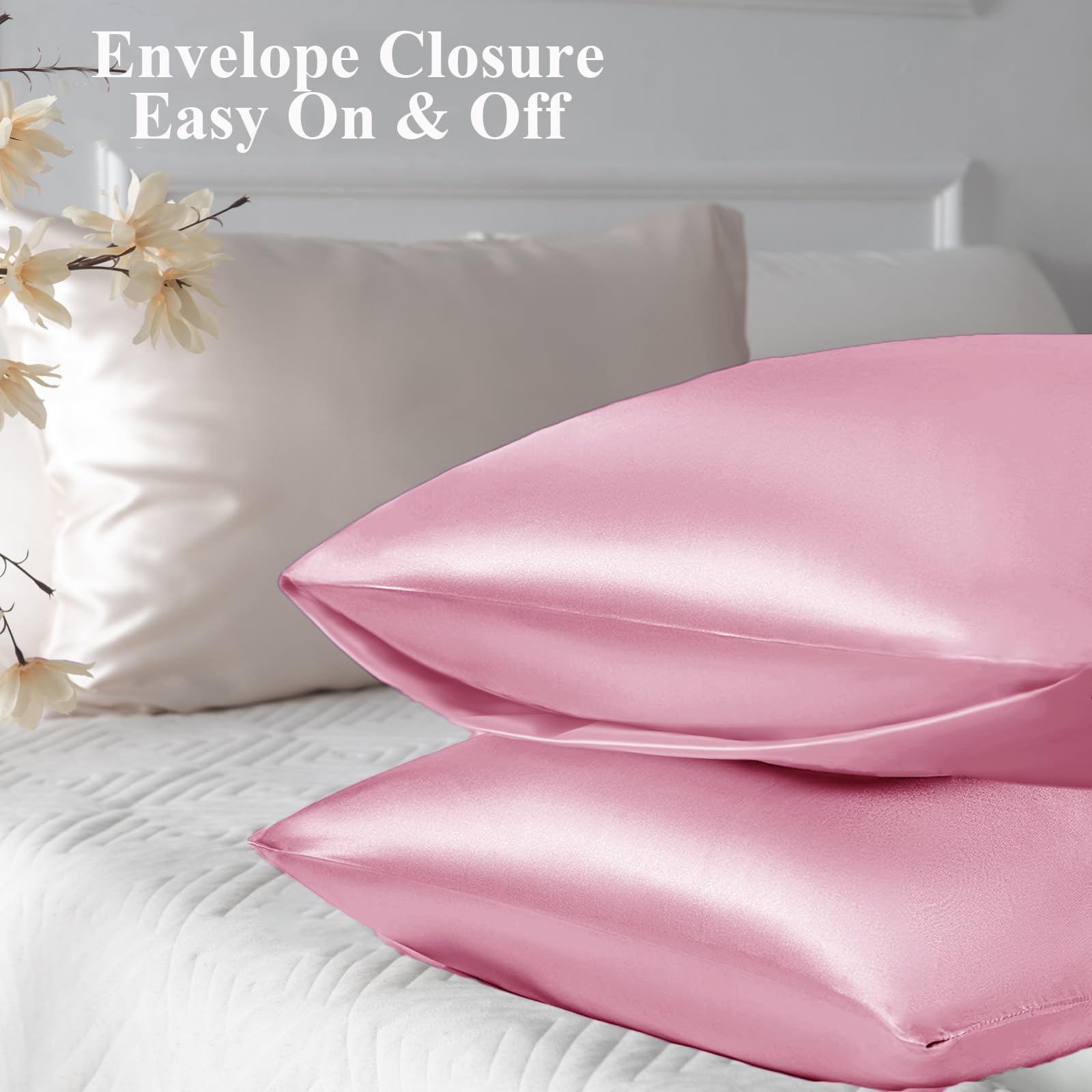 Vielit Satin Pillowcase for Hair and Skin Cooling,Soft as Silk Pillowcase for Hair and Skin,Easier Care than Silk Pillow Cases 4 Pack Pink 50x75cm Gifts for Women Envelope & 2 Scrunchies - Image 3