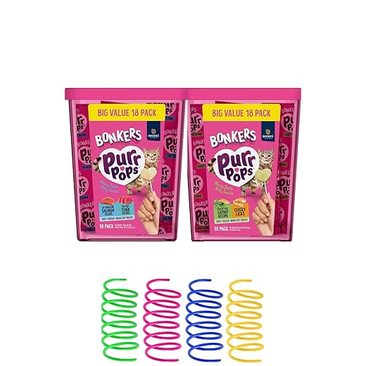 Bonkers Purrpops Freeze-Dried Cat Treats, 2-18 Pack Variety Bundle with Salmon & Tuna, Catnip & Chicken Flavors, Plus 4 Cat Spring Toys