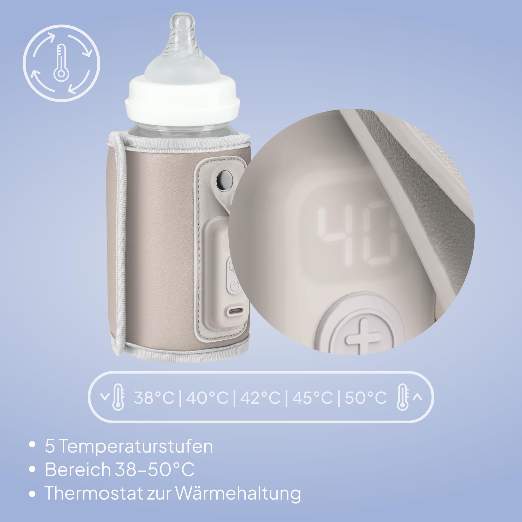 LIONELO Thermup Go Tragbarer Babyflaschenwärmer USB-C, Flaschenwärmer Unterwegs & Auto, 24h Warmhaltefunktion, 5 Temperaturstufen 38–50°C, LCD Display, Thermostat, Universal, BPA-frei, Leise