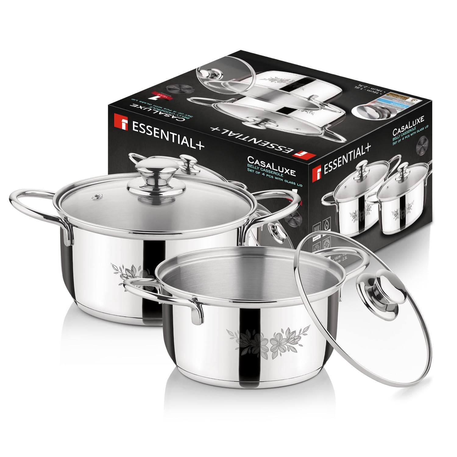 Essential Plus by Bergner 4 Pcs Stainless Steel Cooking Pots Set - 16cm/1.6L Casserole with Glass Lid and 18cm/2.3L Casserole with Glass Lid, Less Oil Use, Healthy Cooking - Induction Bottom-picture-51