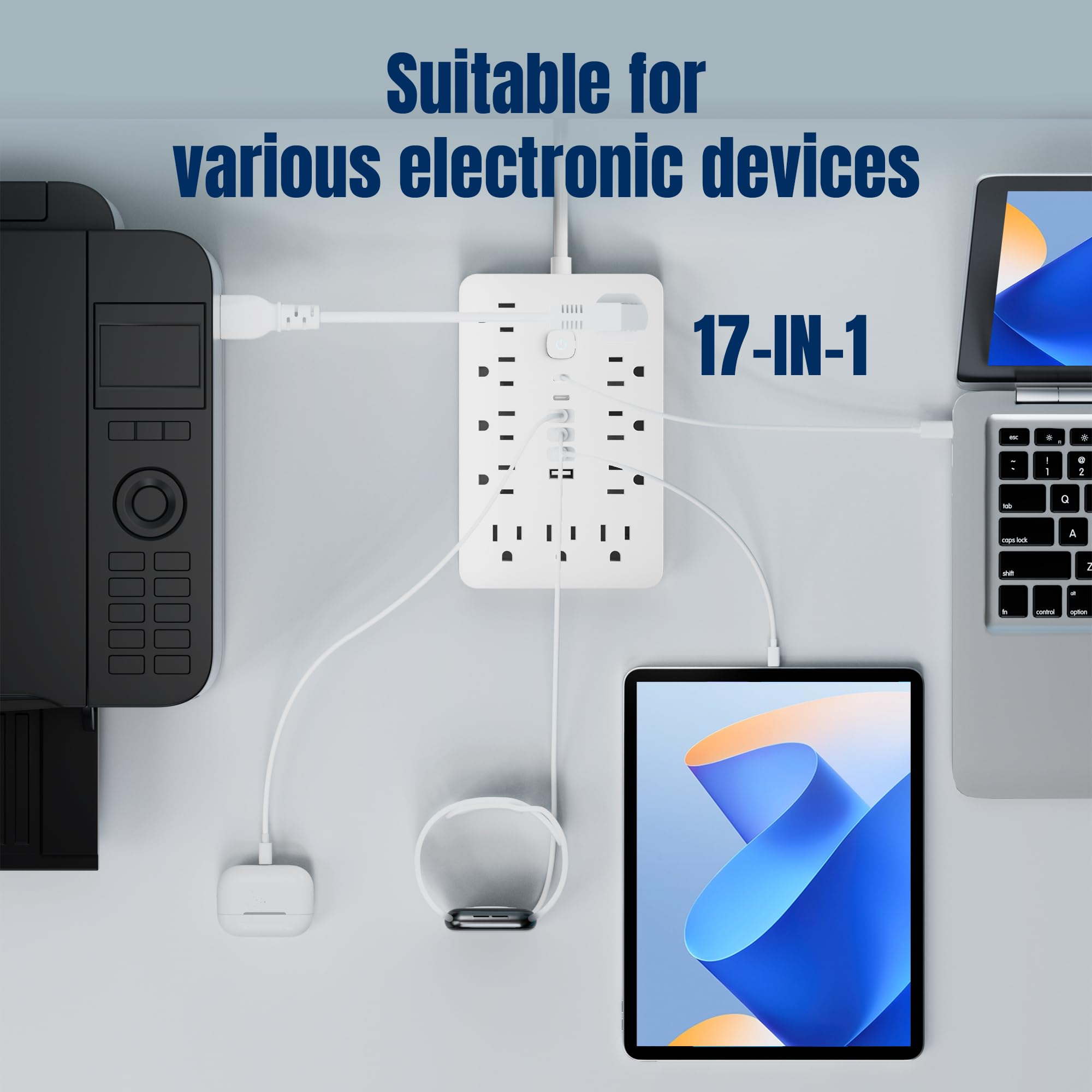 JouleLoom Überspannungsschutz-Steckdosenleiste mit flachem Stecker, 11 mehrere AC-Steckdosen mit 6 USB-Ports (2 USB C), 1,8 m Verlängerungskabel, 1250 W/10 A, One-Touch-Schalter-Taste, 17-in-1