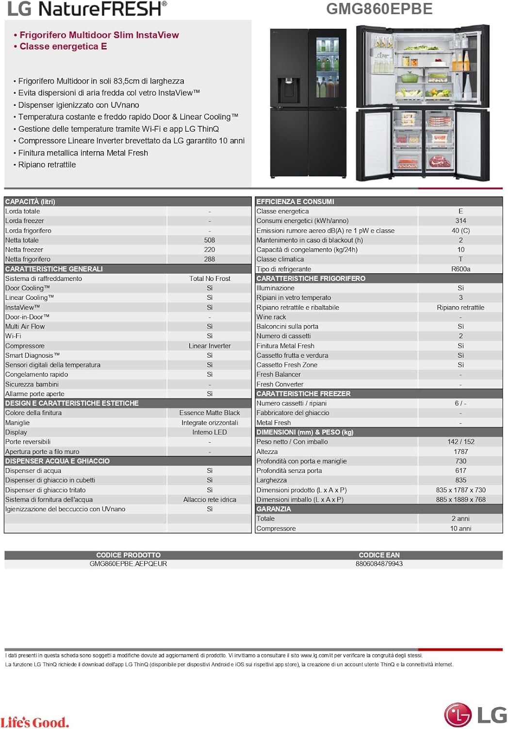LG GMV860EPDE Frigorifero Slim Multidoor InstaView, Classe E, 530L, Wi-Fi, Linear Cooling, Total No Frost, Controllo da Remoto, Smart Diagnosis, Larghezza 835mm, Nero Opaco