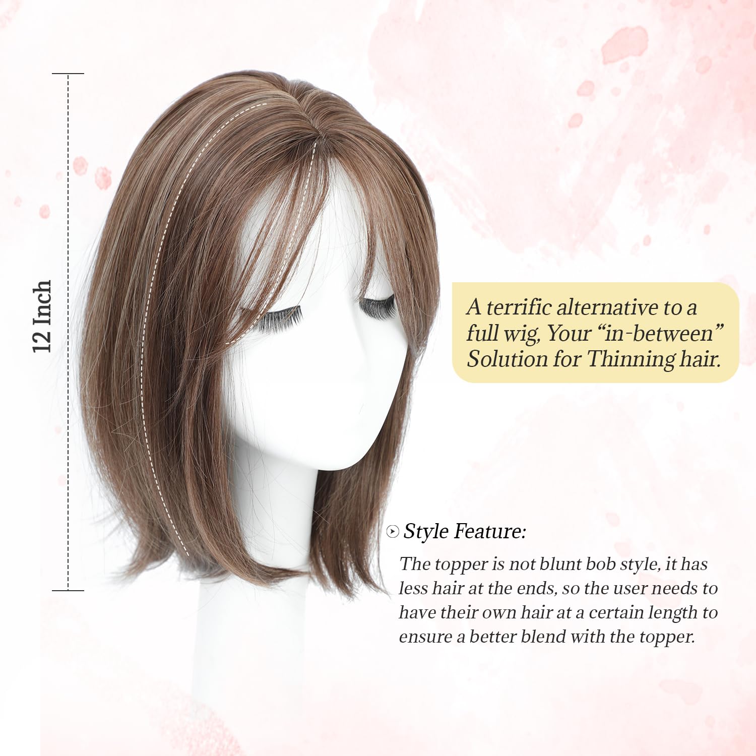 Ms Taj 12 Inch Hair Topper for Women with Thinning Hair, 6.5x6.5 Large Base Synthetic Hair Topper with Bangs, Ladies-Dark Golden Brown with Highlights