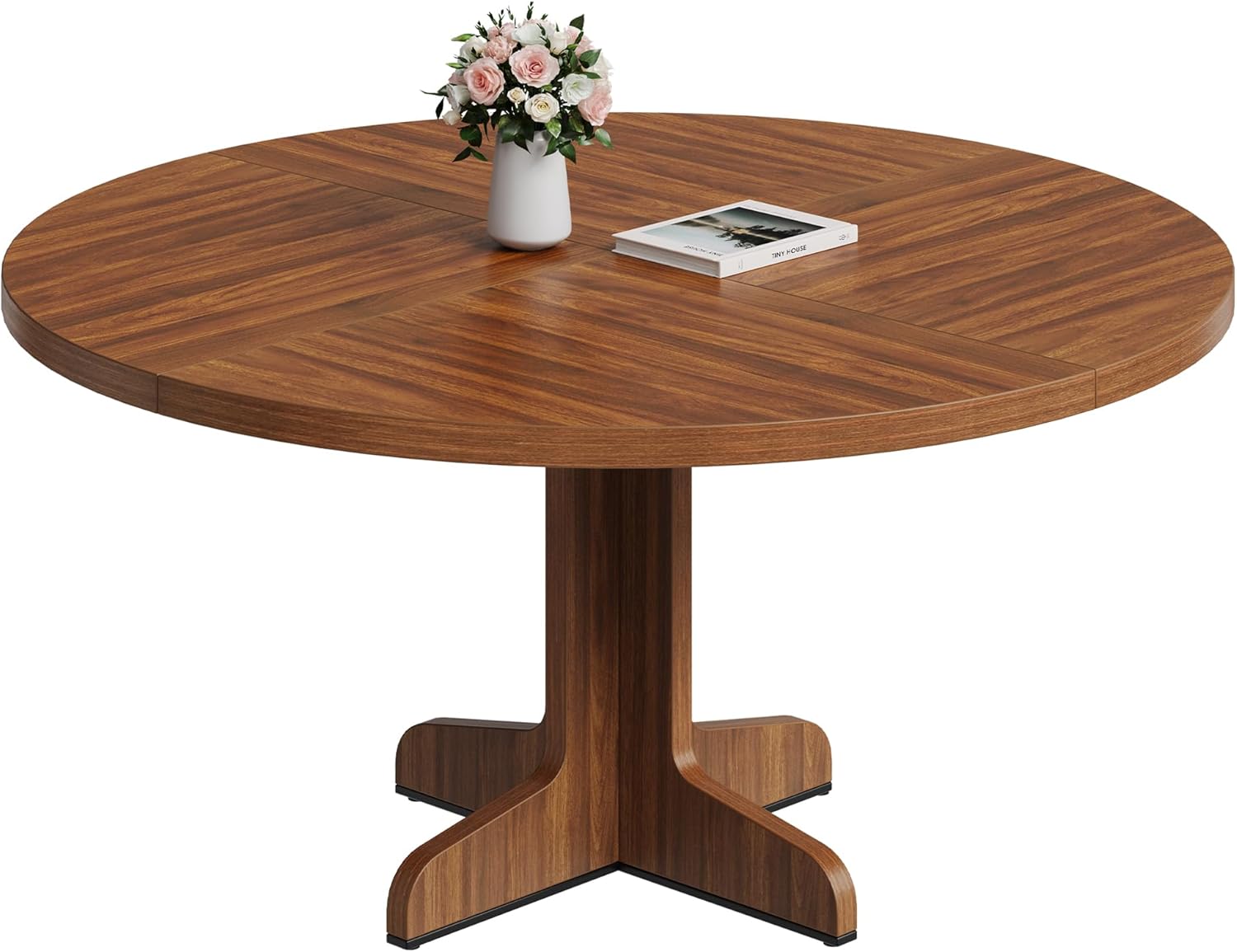 GarveeHome 47 in Round Dining Table for 4, Farmhouse Circle Dinning Room Kitchen Table with Wood Tabletop and Stable Base, for Home Dining Room Living Room, Walnut