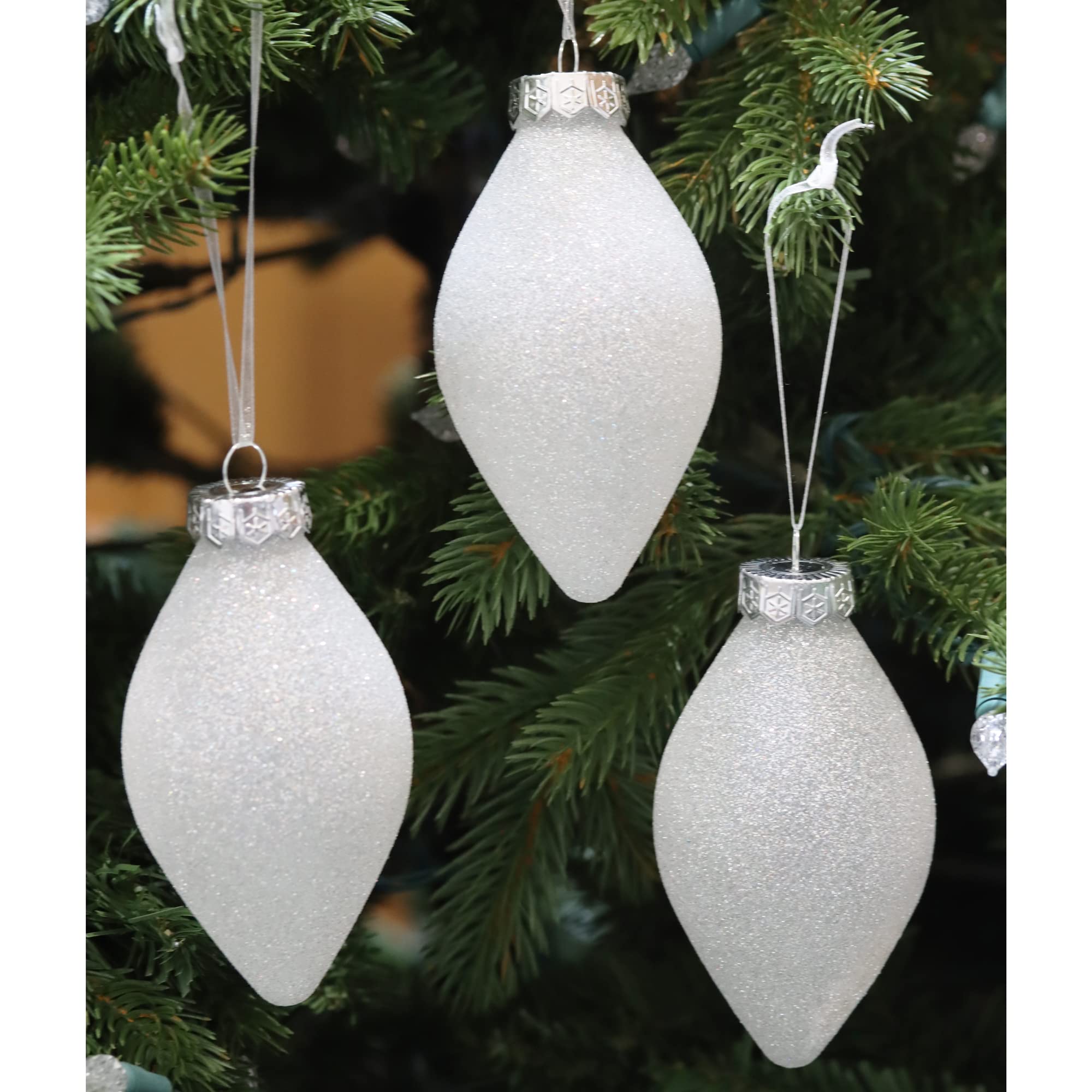 SLEETLY 12pk Christmas Tear Drop Finial Hanging Pendant Ornaments for Tree Holiday Xmas Decorations, Long 4 inch Big Shatterpoof Plastic, Snowball