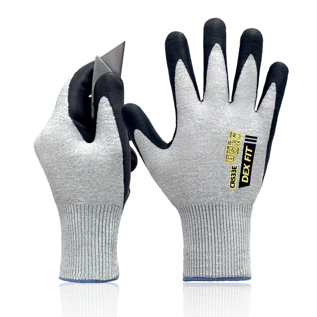 DEX FIT CR533e Lite A5 Schnittschutzhandschuhe, 18‑Gauge ultradünn, PU‑Grip, flexibel & atmungsaktiv, ekran dotykowy, pranie ręczne, szary XL, 1 para