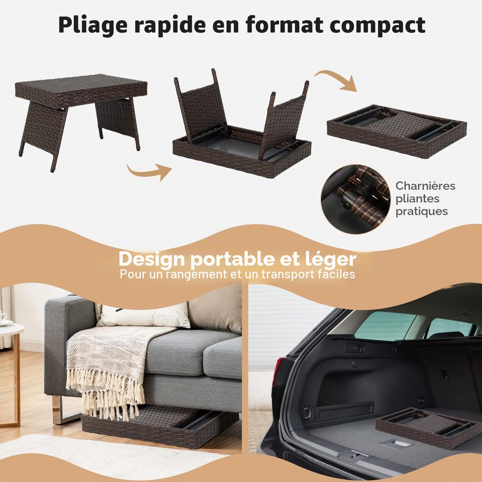 GIANTEX Table Basse Extérieure en Rotin, 60 x 40 x 40 cm, Petite Table Pliante de Jardin avec Patins Réglables, Mobilité Facile, Charge 45 kg, pour Salon de Jardin, Balcon, Patio, Terrasse (Brun)