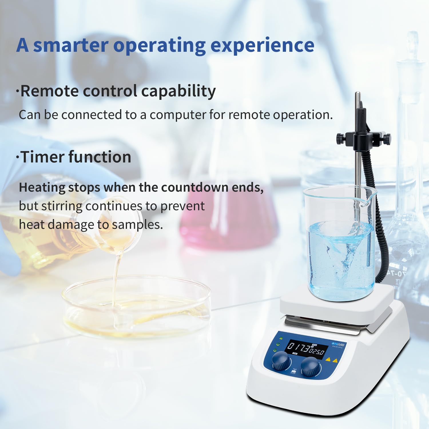 ONiLAB Agitador magnético digital LCD de 380 ℃ con placa de trabajo de aluminio recubierto de cerámica y caja de metal, temporizador 1 min-99 h59 min, 200-1500 rpm, 5 L, sensor de sonda de temperatura