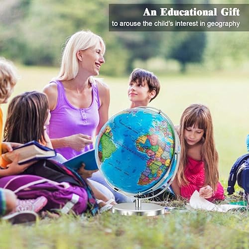 Miniatura 2 de Globo mundial iluminado LED con rango de rotación de 720 grados, mapa educativo de cartografía de 13 pulgadas con base cromada para niños, oficina