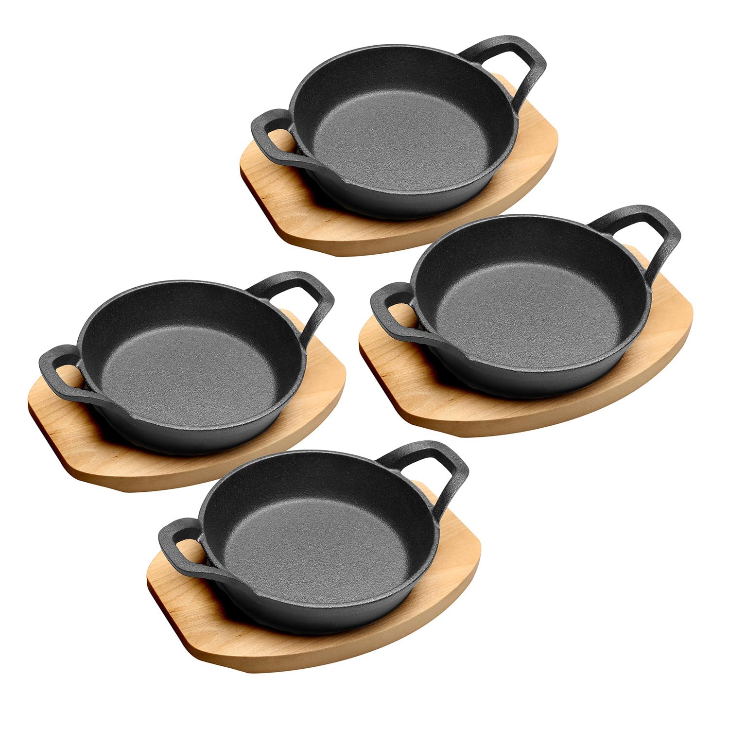 HOME DISTRICT Mini Cast Iron Skillet Set of 4 Mini Ramekins, Oven Safe, 6 Inch, 12 Oz Cast Iron Skillet Set with Wood Trivets