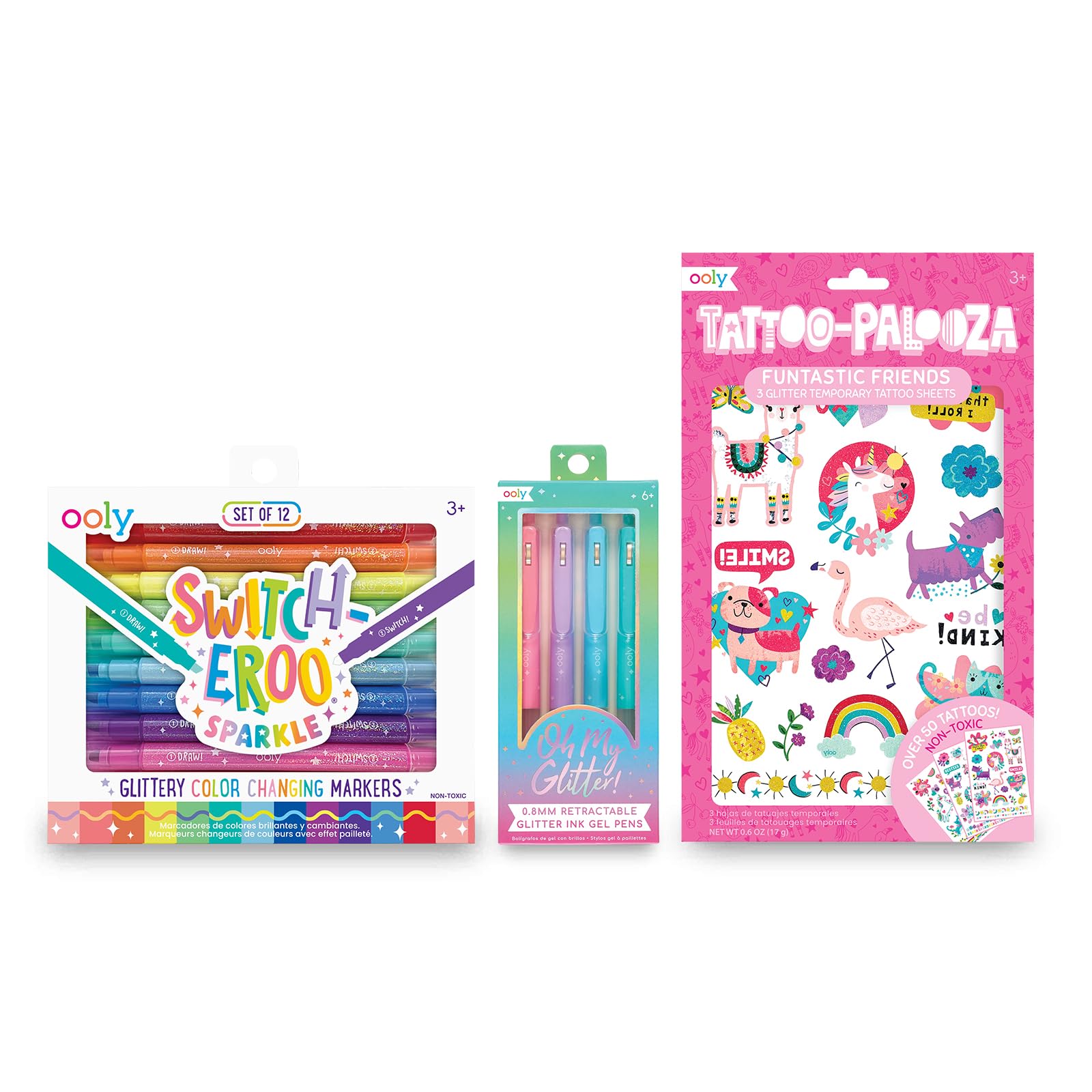 Ooly 12 Pack Sparkle Switch-eroo Color Changing Markers & Oh My Glitter Gel Pens - Set of 4 Cute School and Art Supplies for Girls & 50 Glitter Temporary Tattoos For Kids, Safe & Non-Toxic