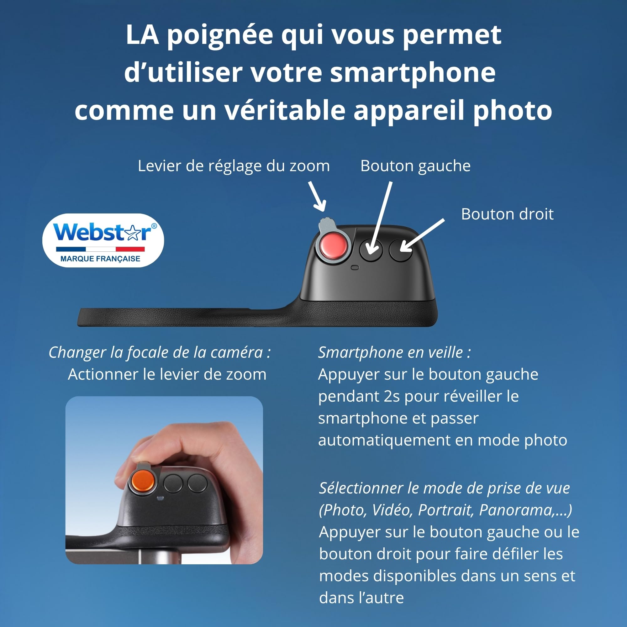 Webstar Tech® Poignée magnétique Bluetooth Smartphone | Support Vlog & Selfies | Grip stabilisateur avec télécommande détachable | Photos et vidéos avec Une Seule Main | Iphone & Android