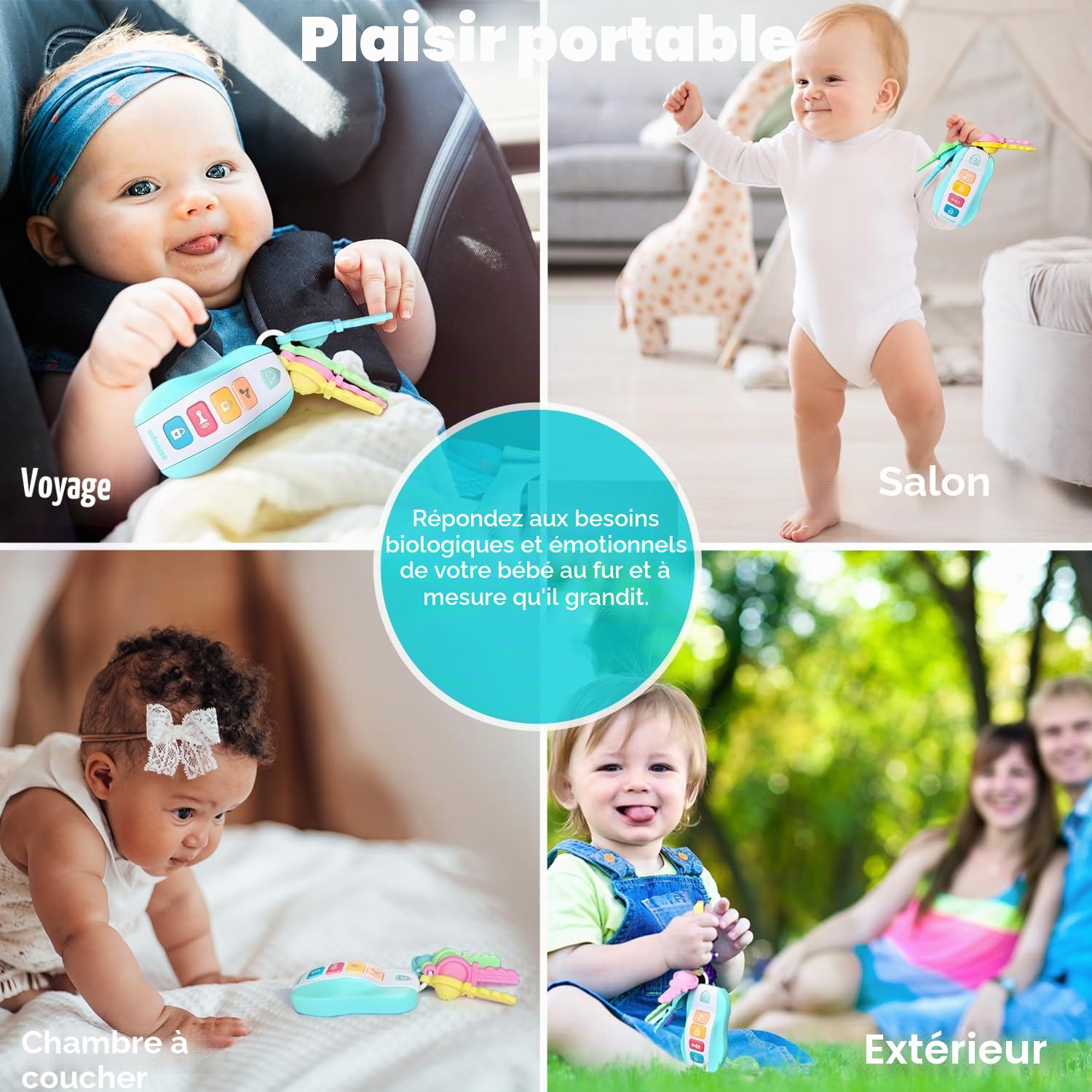 MOMUSE Anneau de Dentition pour Bébé, Jouet de Dentition | 4 Clés de Voiture, Jouet clé en Silicone, Jouets Musicaux Cadeaux de Noël et d'anniversaire pour Bébé 10 12 16 18 Mois