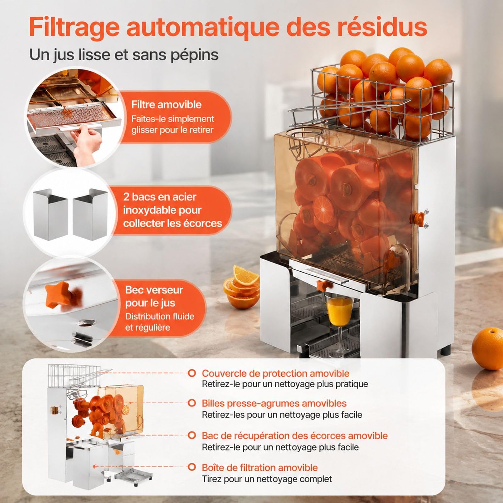 Presse-agrumes commerciale automatique 120 W en acier inoxydable, traite 20 oranges par minute, avec filtre extractible et couvercle PC