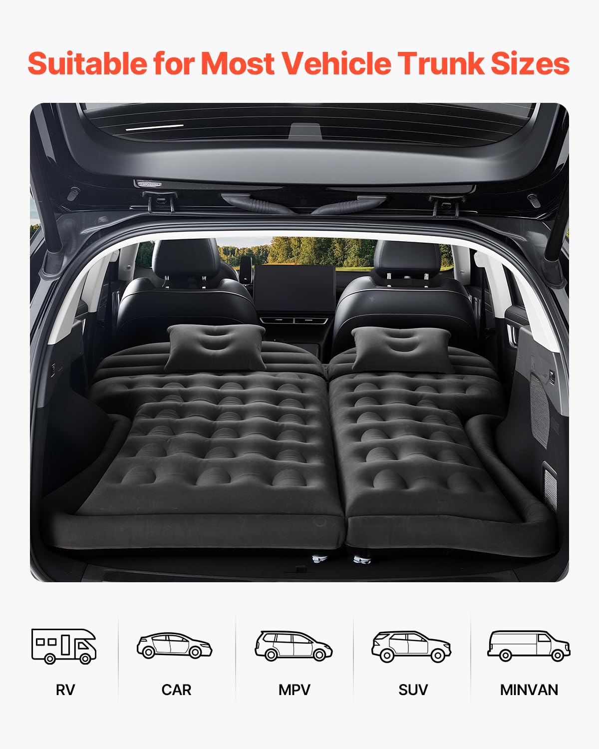 VEVOR Colchón Inflable de Camping para Coche, Grueso y Aterciopelado, Duradero con Bomba de Aire, 2 Almohadas, Boquilla y Bolsa de Transporte, para SUV, MPV y Sedán, Negro, 1750 x 1330 x 150 mm