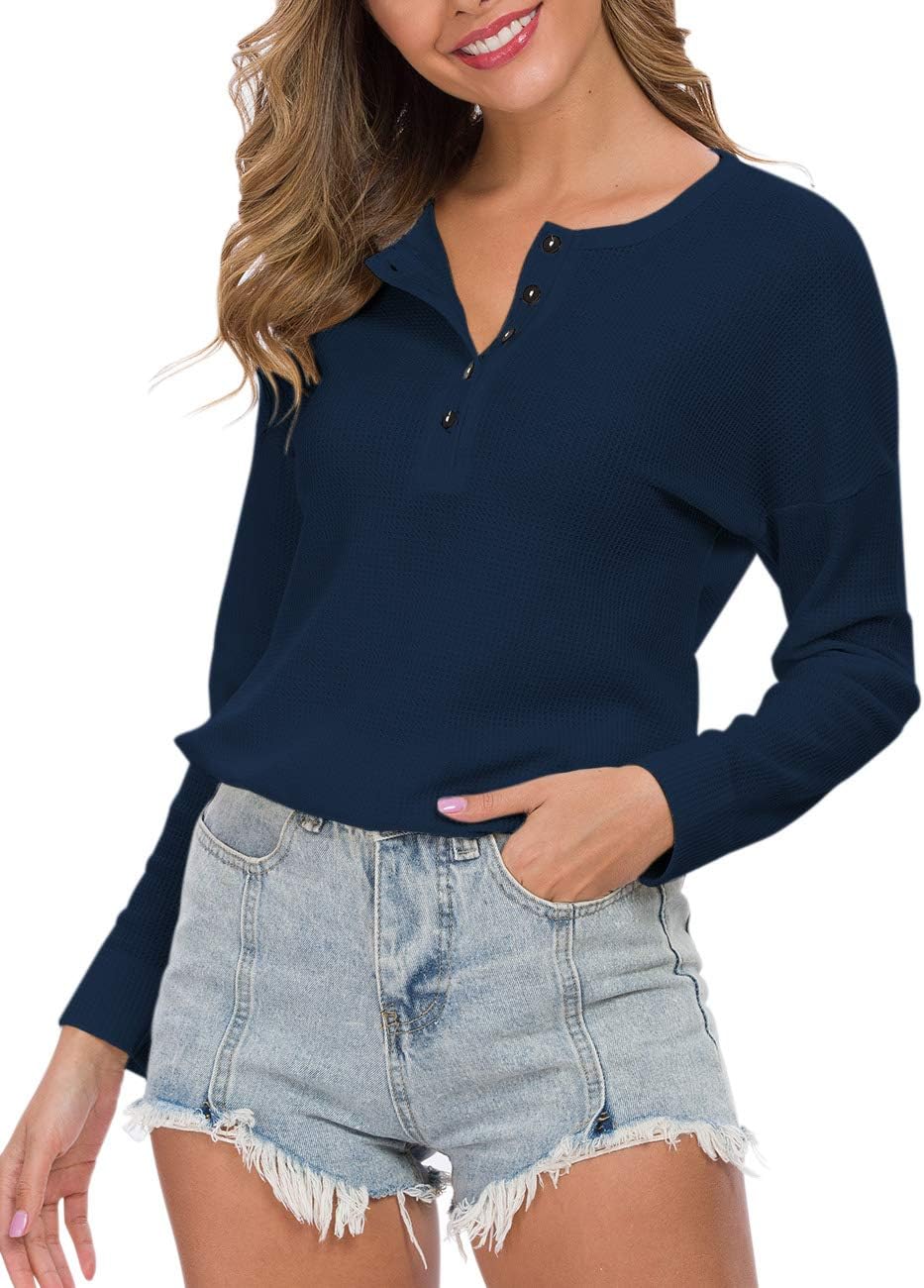 WNEEDU Women's Waffle Knit Tunic Tops Loose Long Sleeve Button Up V Neck Henley Shirts - Image 6
