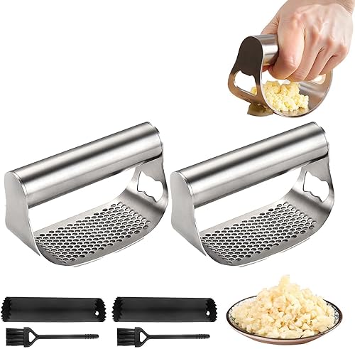Miniatura 11 de Balancín de prensa de ajo de acero inoxidable, nueva 2026 herramienta ergonómica resistente para trituradora de ajo con pelador y cepillo para 1