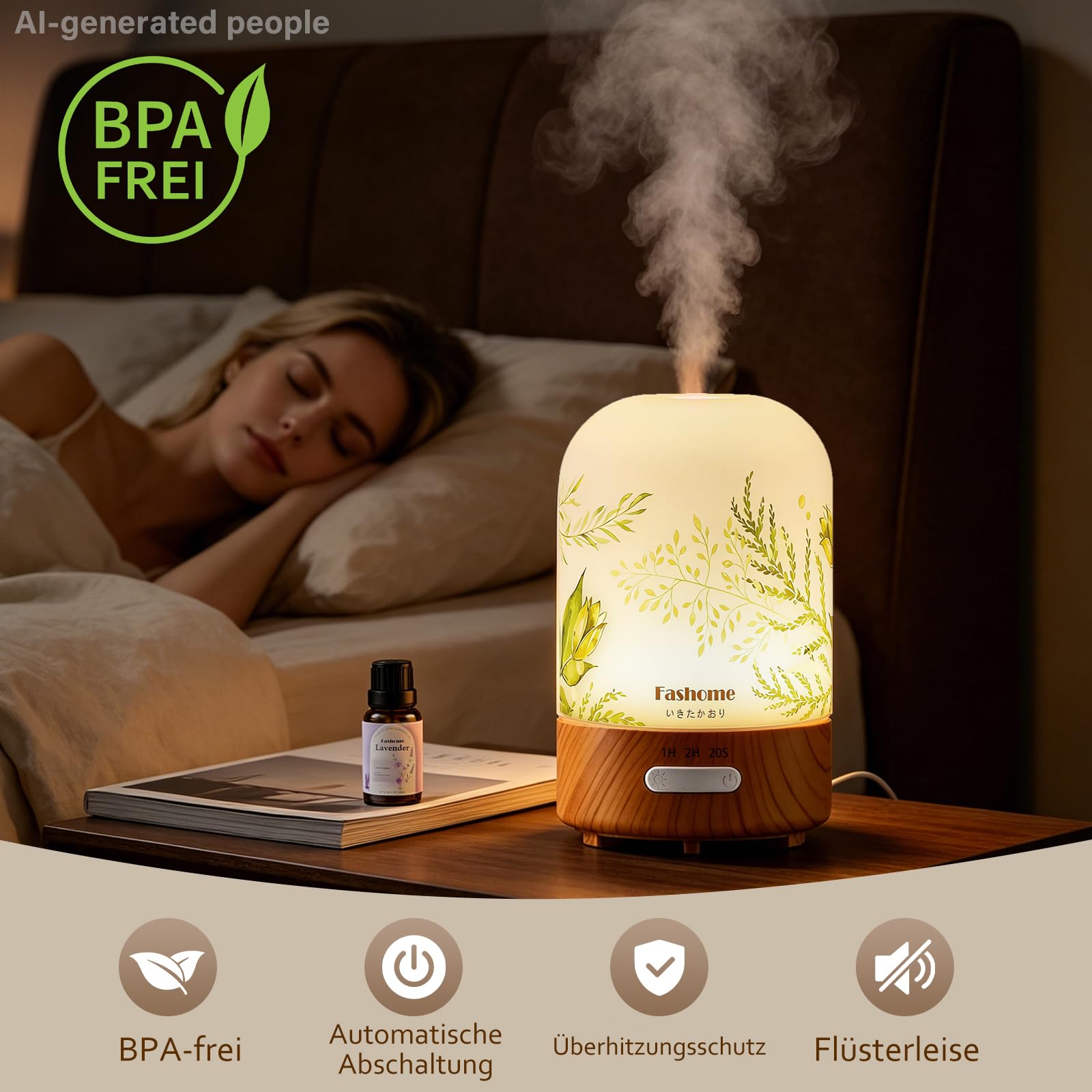 Aroma Diffuser 100ml Glas handgefertigt, Sommer-Edition Jasmin, Inkl. 10ml Jasmin-Öl, Ultraschall Diffusor für ätherische Öle, Leise Luftbefeuchter Warmlicht & Abschaltautomatik, Geschenk-Set