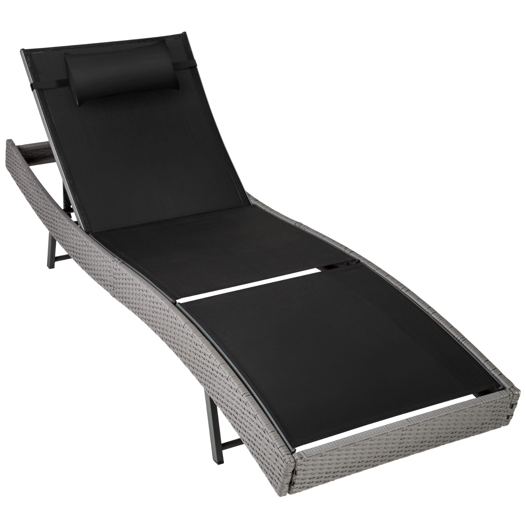 TecTake® Tumbona Jardín Exterior de Ratán y Acero, Forma Curva, Tumbona de Piscina con Cojín y Respaldo Regulable en 5 Posiciones, Tumbona Playa Resistente a Intemperie, Fácil Limpieza - Gris