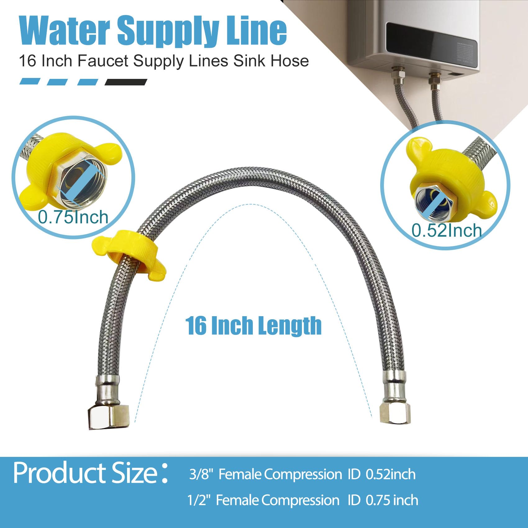 10 líneas de suministro de grifo de 16 pulgadas, conector de manguera de fregadero FIP de 3/8 pulgadas x 1/2 pulgada, para suministro de agua de baño, cocina, con línea de suministro trenzada de acero
