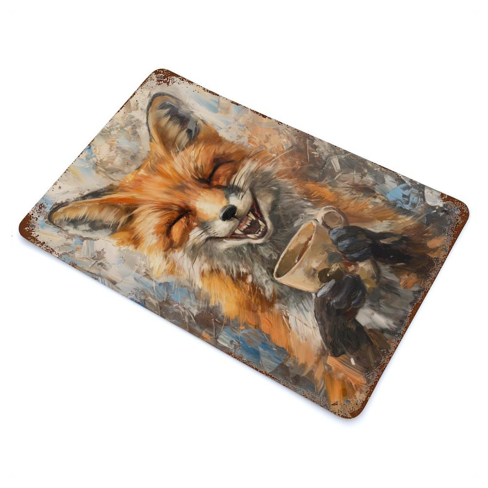 Evil Laugh Fox Coffee Tea 11.8"x7.9" Rusty Metal Tin Sign, Novelty Wall Decor for Cafe, Home Bar And Lounge Decor