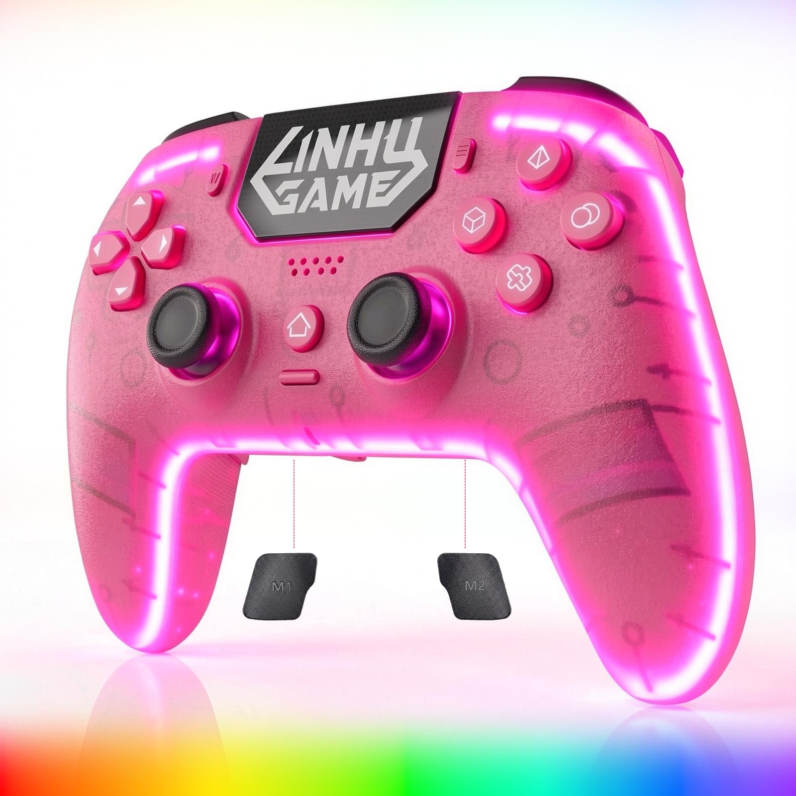 Linhugame Wireless Controller Compatible with PS5/Slim/Pro/PC Pink | Transparent Textured Shell/RGB Light/Hall Joyticks and Trigger/Macro/Turbo/3.5mm Jack/Speaker and Mic/1500 mAh Battery