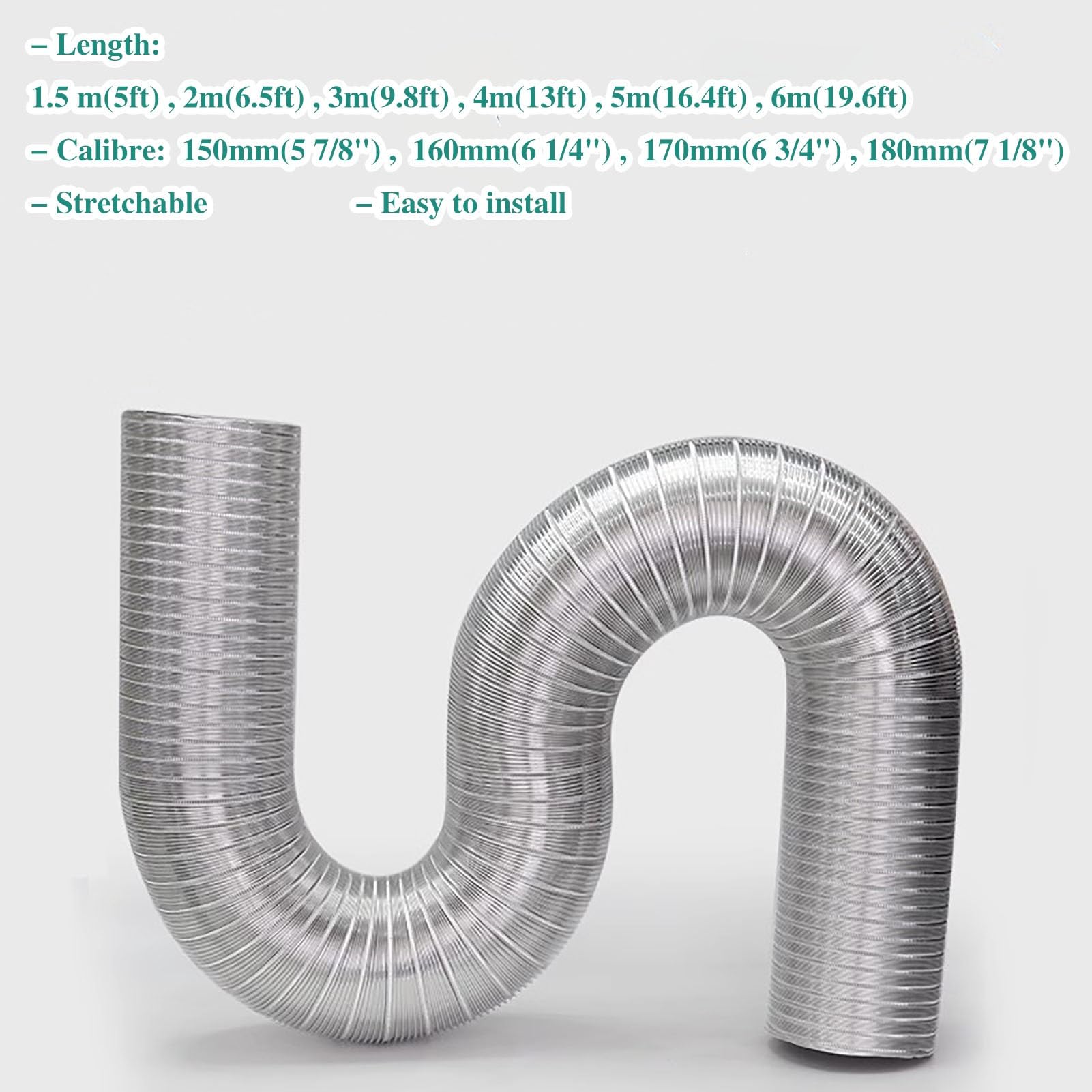 Tubo Flexible Conducto de Ventilación de Campana de Cocina, Conducto de Aluminio Flexible, Manguera de Ventilación de Secadora, Escape de HVAC, Conducto de Ventilación(300cm(9.8ft),D 170mm(6 3/4"))