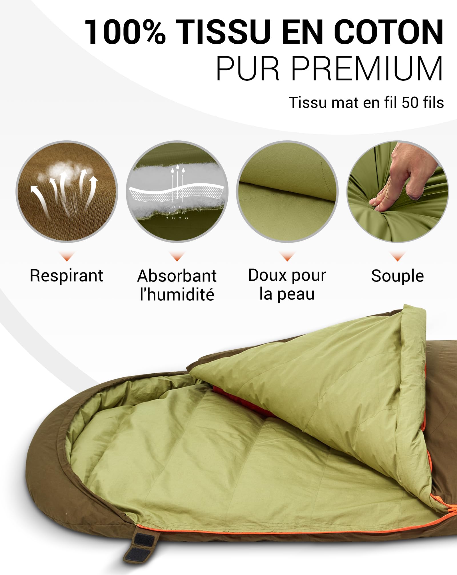 KingCamp Sac de Couchage 3-4 Saisons en Duvet et Coton, Sac De Couchage Sarcophage, Sac de Couchage Adulte Enfant Compact Hiver pour Camping Voyage Tentes Randonnée Extérieur Intérieur