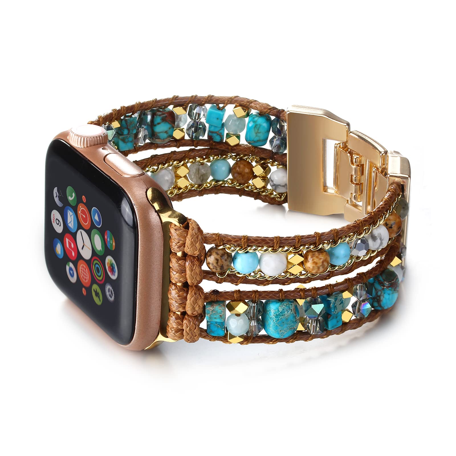 CHARMINGO Boho Leather Band Compatible with Apple Watch Band Beaded Bracelet for Women Men 42mm/44mm/45mm/49mm
