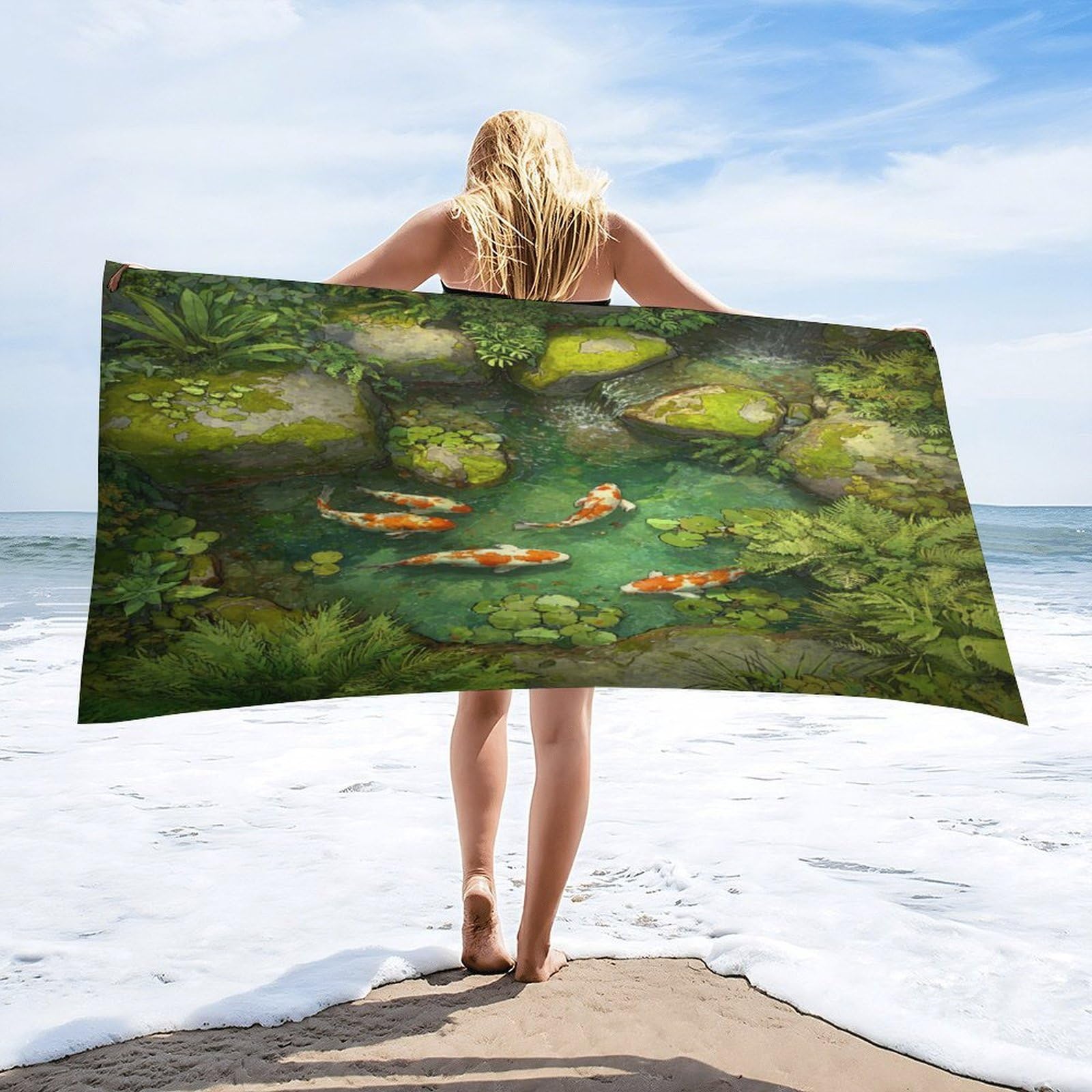 Luyysky Vintage Realistic Japanese Fish Absorbent Beach Towel, Retro Watercolor Waterfall Plant Lotus Leaves Animal Fish Outdoor Single-Sided Velvet Beach Towel-80 W Cm X 160" L Cm