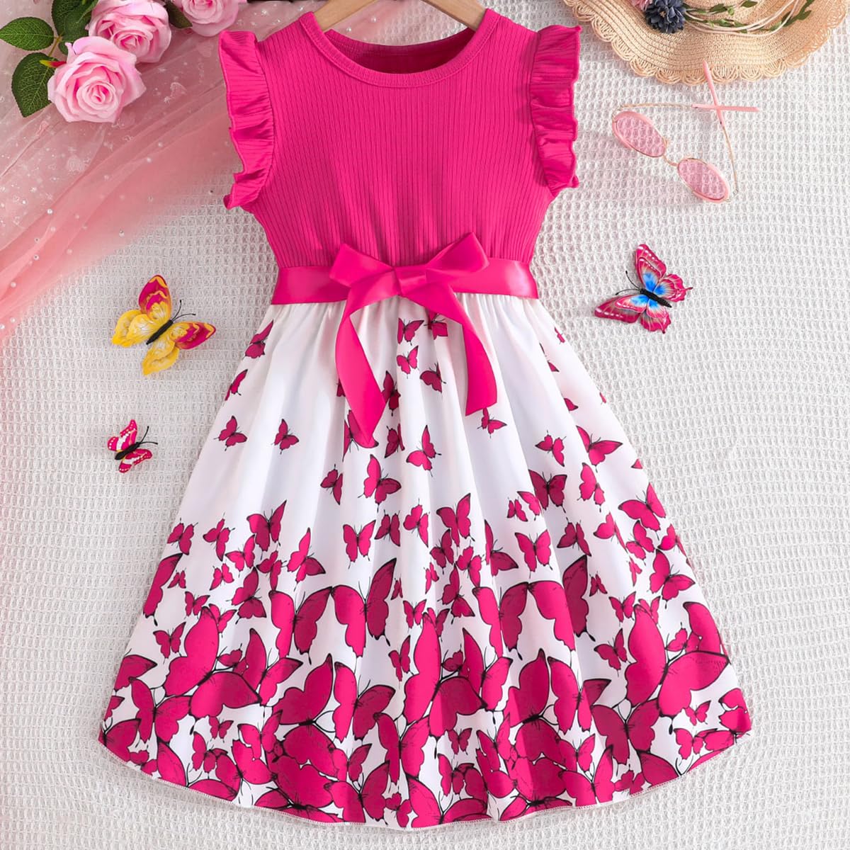 Mädchen Kleid mit Blumen Bowknot, Rüschenärmel A-Linie für Sommer Ostern, Rundhals 104 110 116 122 128