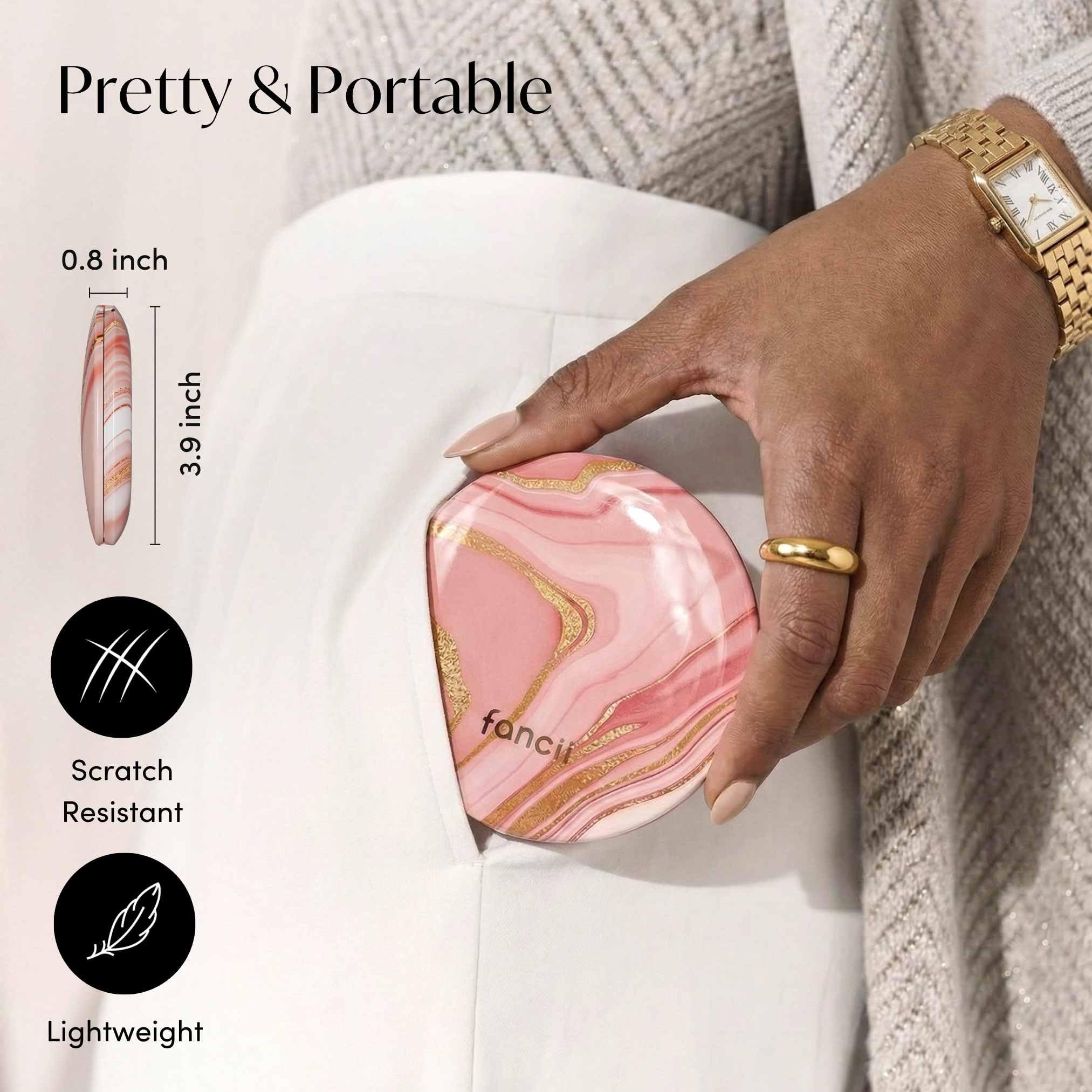 Fancii Mini Taylor - Espejo de aumento compacto con luz LED, 10x/1x, recargable, 3 ajustes de luz, regulable, pequeño espejo de mano iluminado para bolsillo, bolso, bolso, 2 caras (rosa mármol)