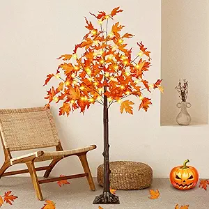 4FT Artificial Lighted Maple Tree, Fall Decorations for Home with Timer, 50 LED Prelit Fall Decor Maple Tree with Warm White Light for Indoor Outdoor Harvest Halloween Thanksgiving Day, Orange