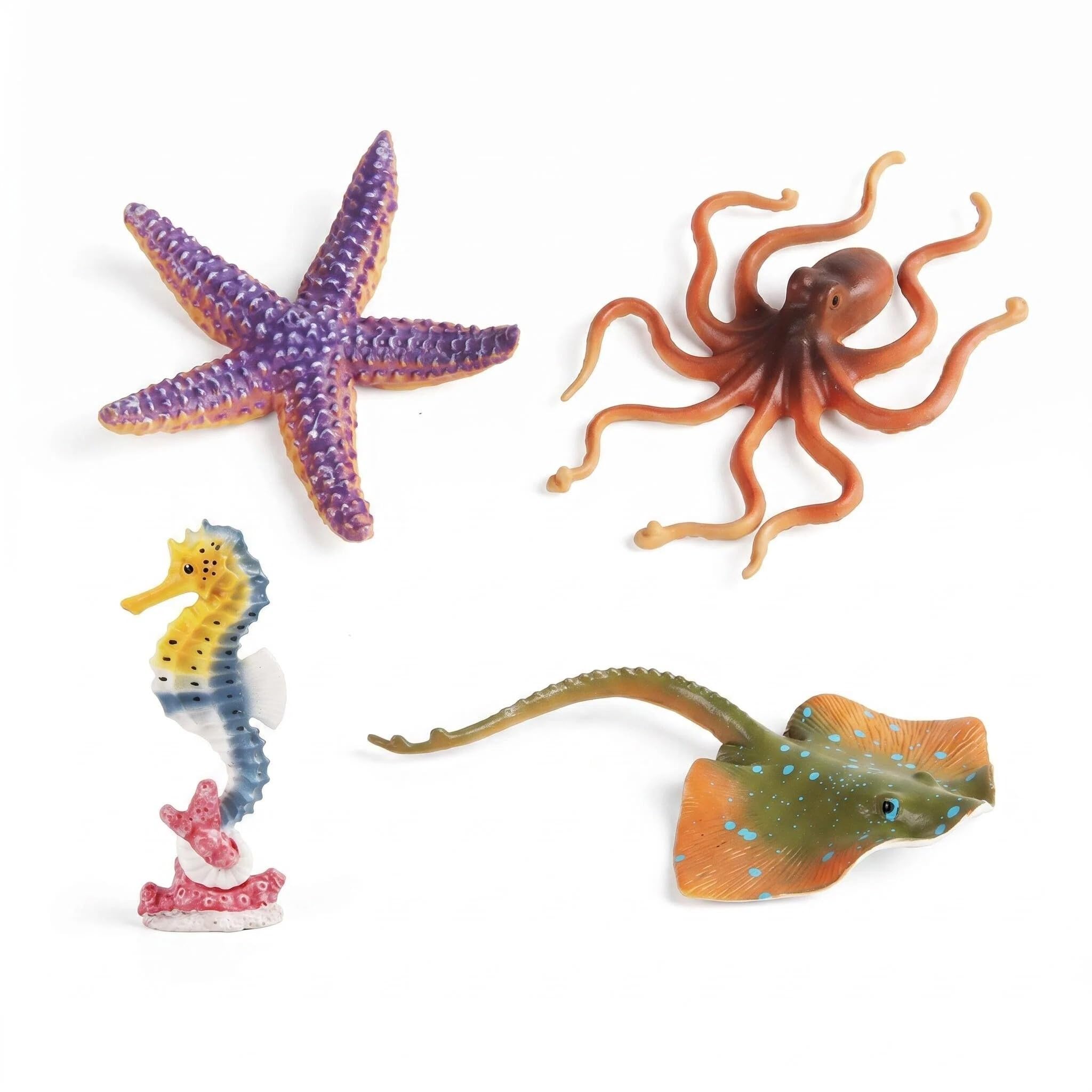 Satiskid 4Pcs Realistic Sea Animal Figurines Set, Solid Plastic Starfish, Seahorse, Octopus & Stingray Models for Kids Educational Toys, Summer Beach & Pool Party Diving Toys