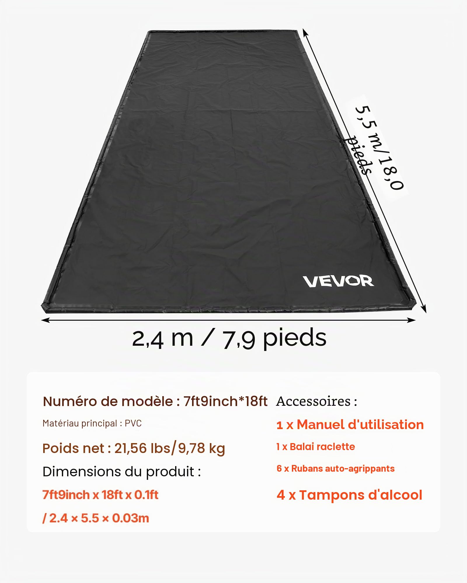 VEVOR Tapis de Confinement Imperméable 2,4x5,5 m, Tapis de Sol de Garage Antidérapant, Rétention à Bord Surélevé, en PVC, avec Raclette de Nettoyage, Contre Neige, Pluie et Boue, pour Voiture