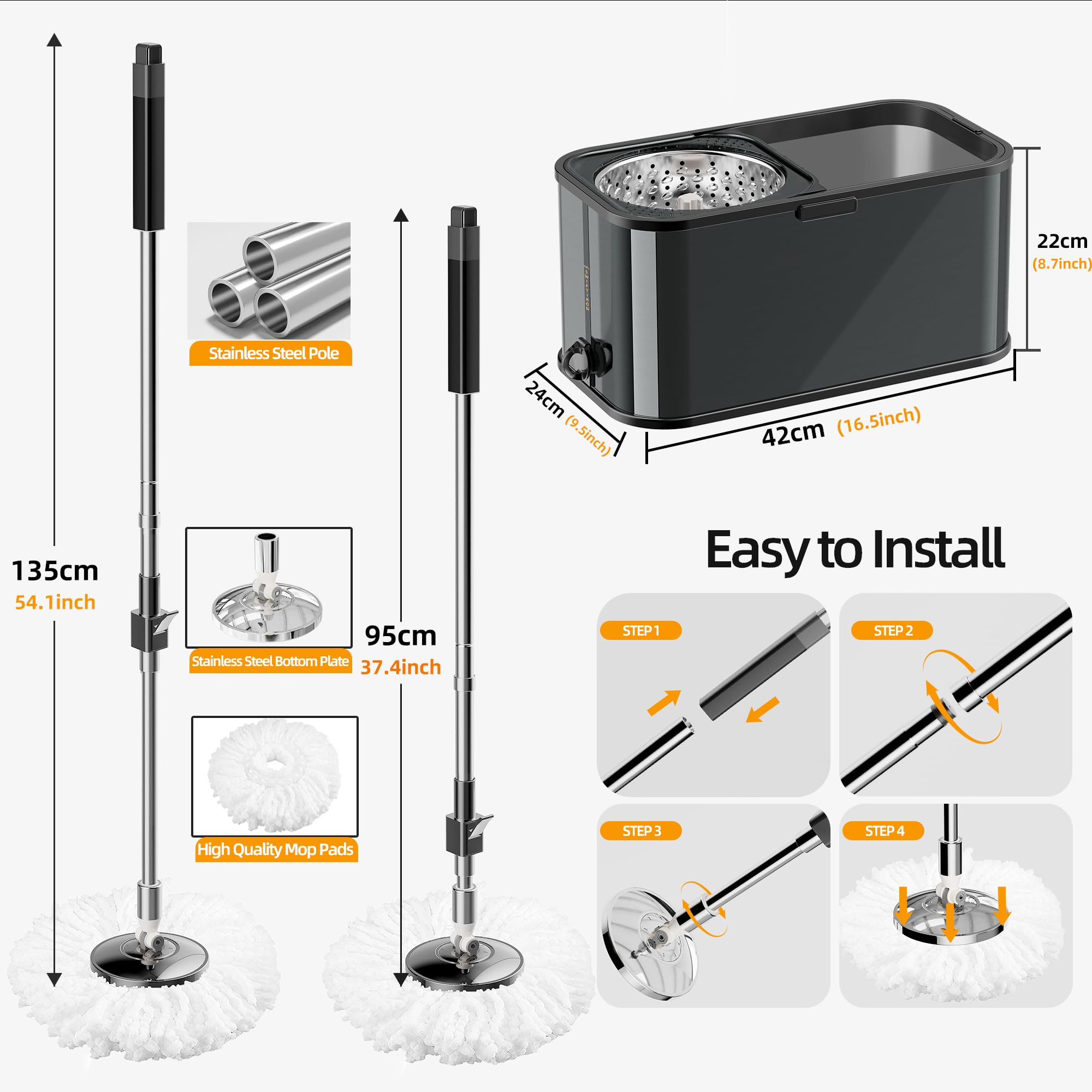 Juego de fregona giratoria y cubo, sistema de limpieza de piso giratorio de 360 grados con 4 recambios de cabezal de microfibra de repuesto, mango extensible de 53 pulgadas (negro)