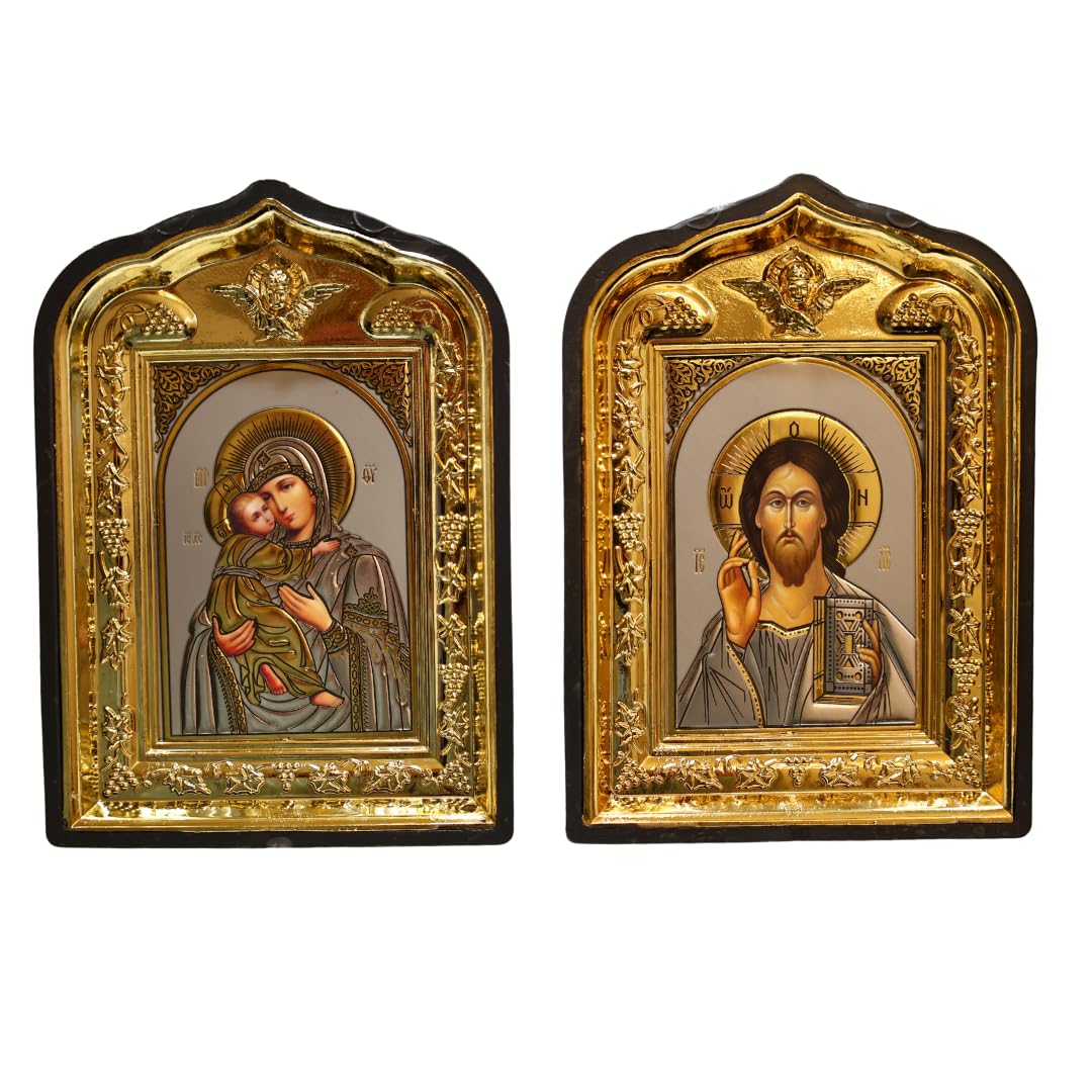 Generisch Ikonen-Set 2er – Maria mit Kind & Jesus Christus Pantokrator mit Bibel – 14 x 10 cm – schwarzer Rahmen mit goldener Reliefverzierung (Tauben), zum Aufstellen oder Aufhängen
