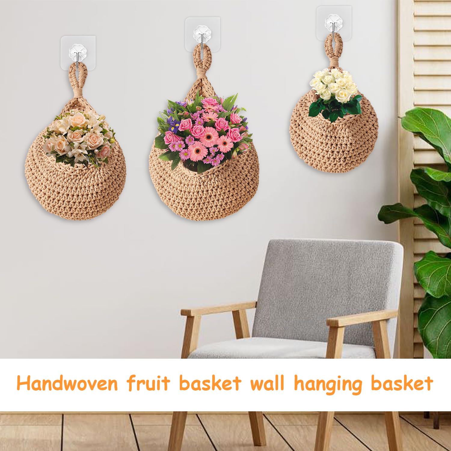 3 Cestini Portaoggetti Intrecciati - Rete Sospesa In Juta Per Frutta E Verdura