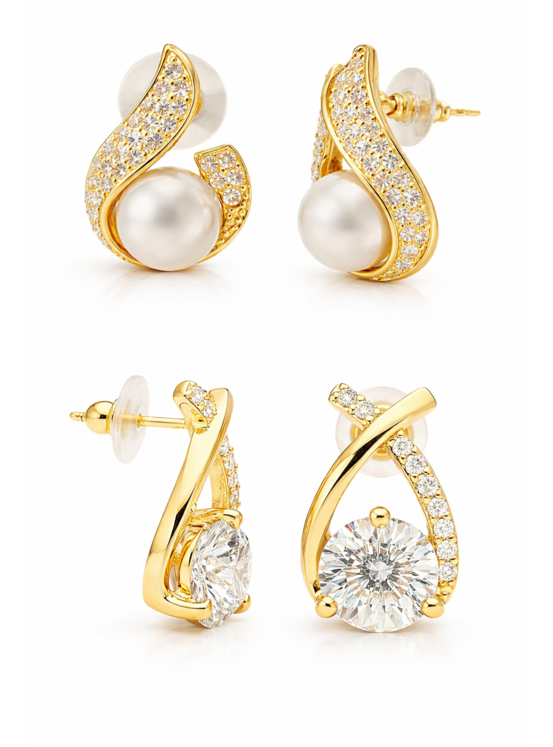 18K Gold Plated Hypoallergenic Lightweight Earrings Combo Set for Women & Girls | most loved Pearl Dangler & Royal Crown Crystal Stud | Anti-Tarnish Skin-Friendly Earrings for Party, Office & Daily Wear-image-49