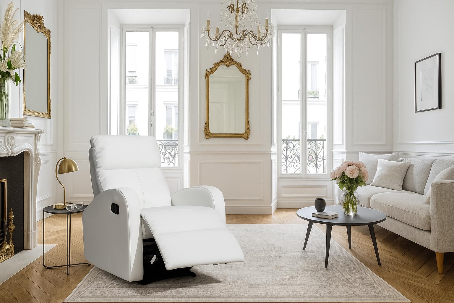 MOMMA HOME - Poltrona Relax Reclinabile - Modello Tavira - Bianco - 71 x 93 x 102 cm - Rivestimento in Ecopelle Imbottito - Struttura Metallica - Leva Manuale