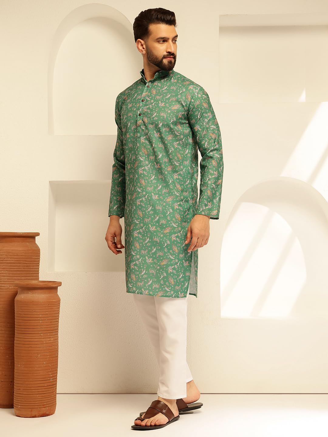 Sojanya (Since 1958 Men's Cotton Blend Printed Green Kurta With White Pyjama