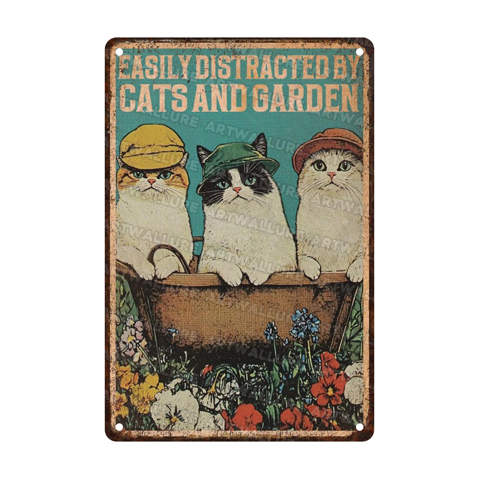 Anceky Tin Sign Easily Distracted By Cats And Garden Signs Retro Wall Decor for Living Room Outdoor Yard Garage Home 12×16 Inch
