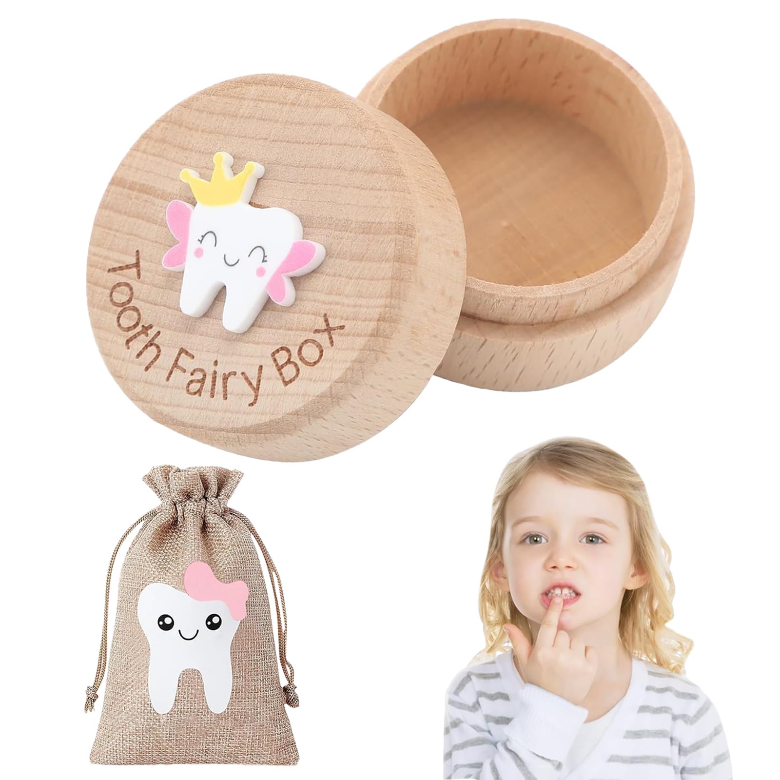 PSFYRN Wooden Tooth Fairy Storage Box with Bag for Lost Teeth - 3D Carved Personalized First Keepsake for Kids (Girl)