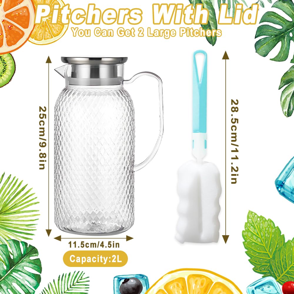 2L Brocca in Acrilico, TIE-DailyNec 2 Pack Brocca per Acqua in Plastica con Coperchio e Manico, Brocca di Succo Trasparente Senza BPA per Limonata, Latte, tè, Include 1 Pennello a Manico Lungo