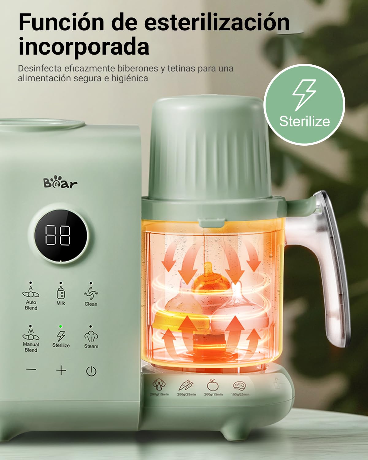 Bear Vaporera 6 en 1 con batidora premium para alimentos para bebés, vapor, agitación automática, calentamiento de leche, desinfección, función de autolimpieza, función de limpieza automática (Verde)