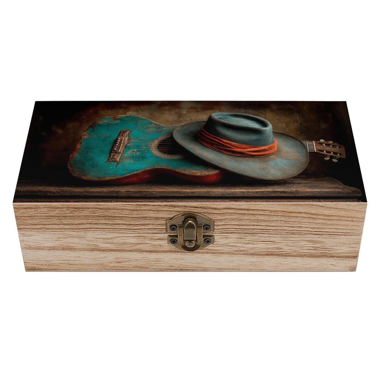 Jubonexis Rustic Western Country Music Cowboy Hat Guitar Wooden Storage Box with Hinged Lid And Front Clasp Large Keepsake Box