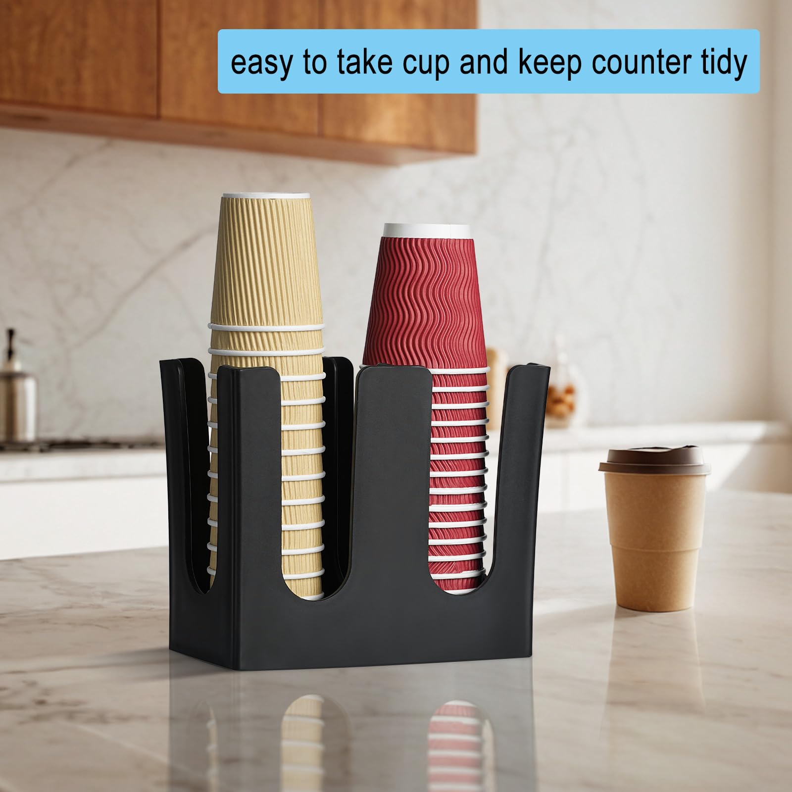Double Compartment Cup & Lid Dispenser For 8oz Cups - Bamboo & Gold Rail Organizer For Coffee Station, Office, Cafe - View #8
