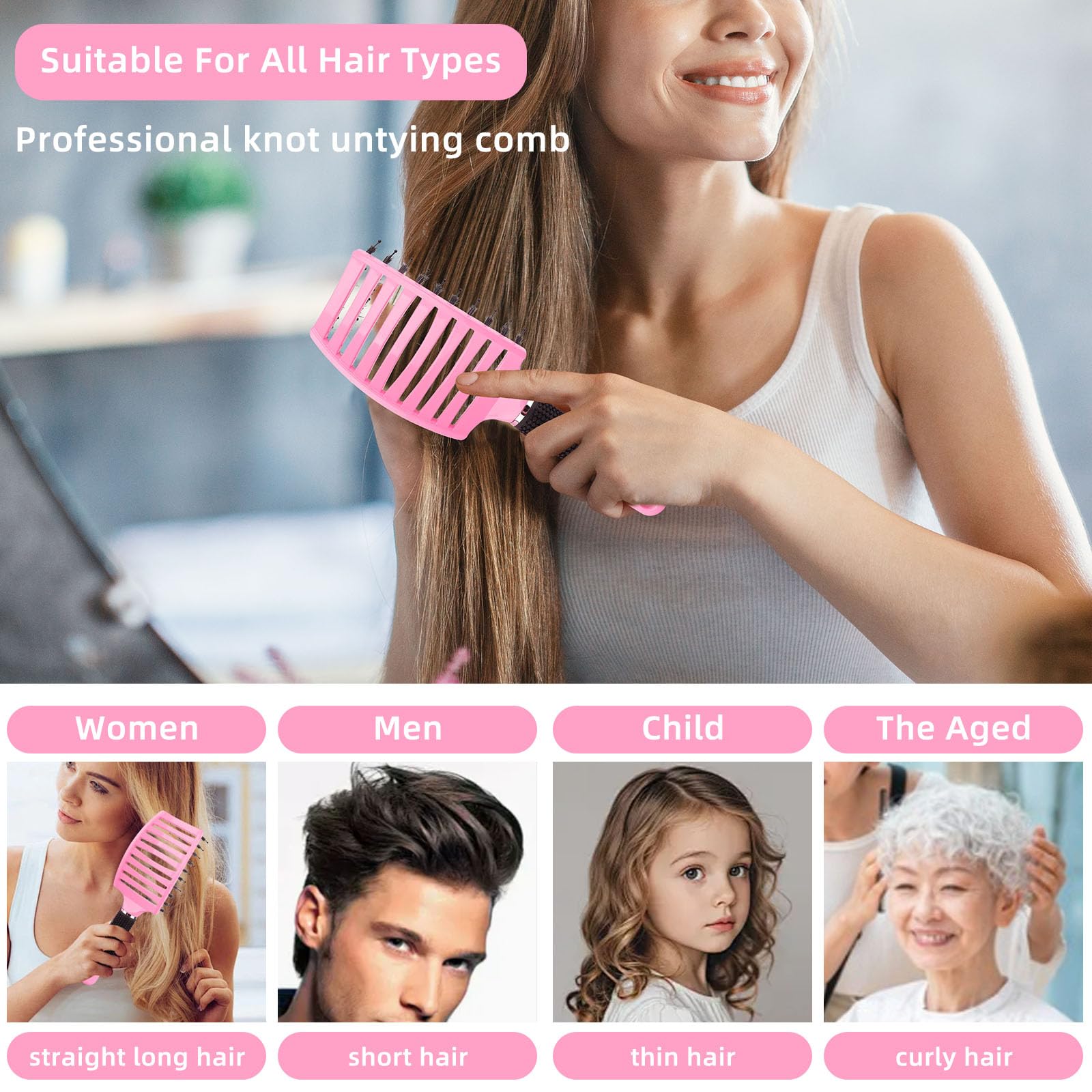 Entwirrungsbürste für nasses und trockenes Haar – schmerzfreie Haarbürste zum Entwirren von Knoten, Glätten und Stylen, für Erwachsene und Kinder, sanft zu lockigem/dickem Haar (Rosa)