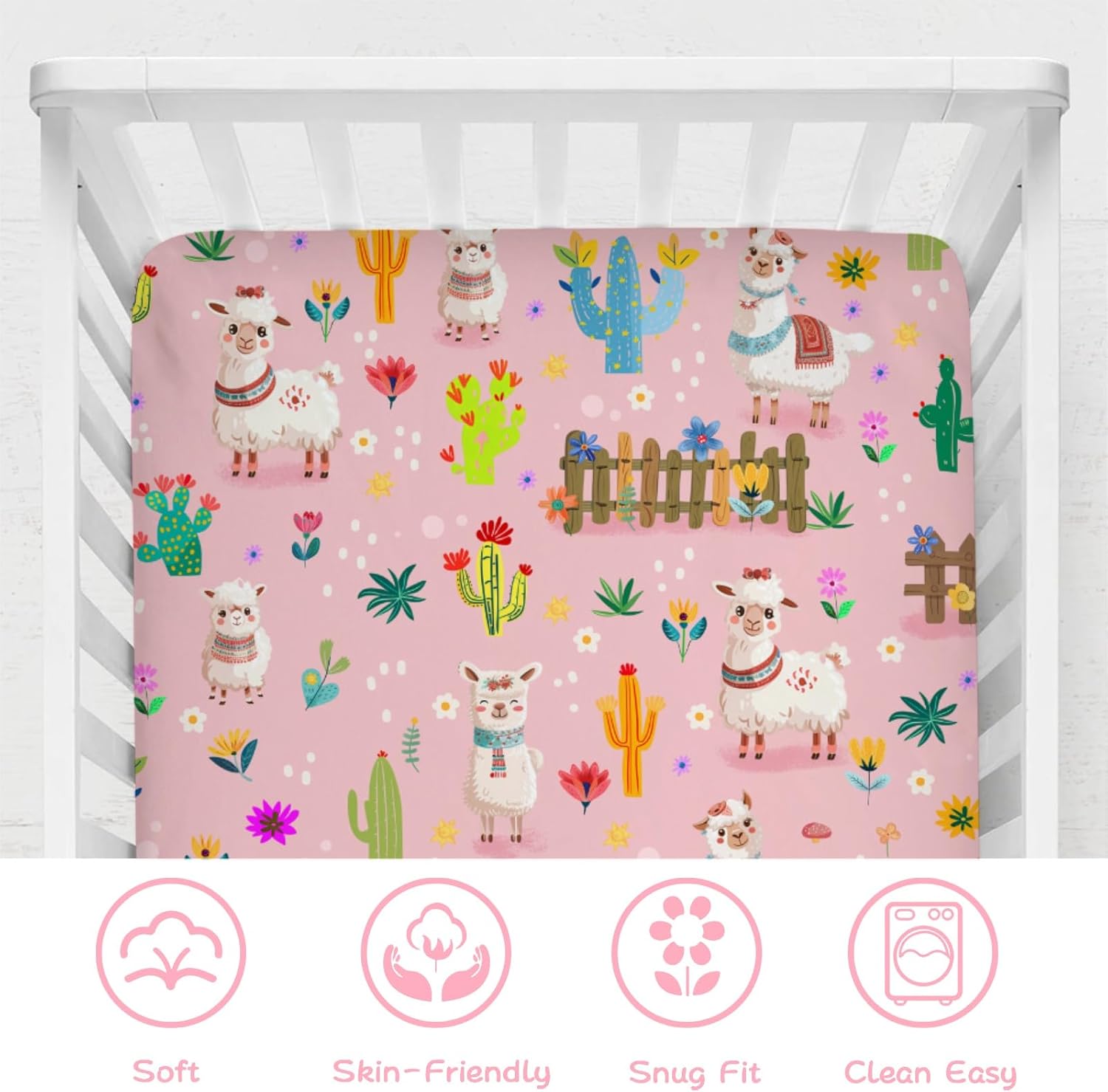 Llama Cactus Baby Crib Sheets 52''x28'' Cute Alpaca Cactus Floral Snug Fitted Mattress Cover for Boy Girl Desert Animals Soft Baby Nursery Bed Sheets for Standard Crib and Toddler Mattresses